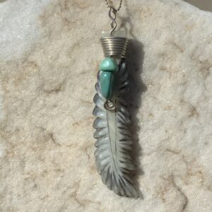 Product Image: Pendant Steer Horn Feather with Turquoise and Varacite and SS Wire Wrap
