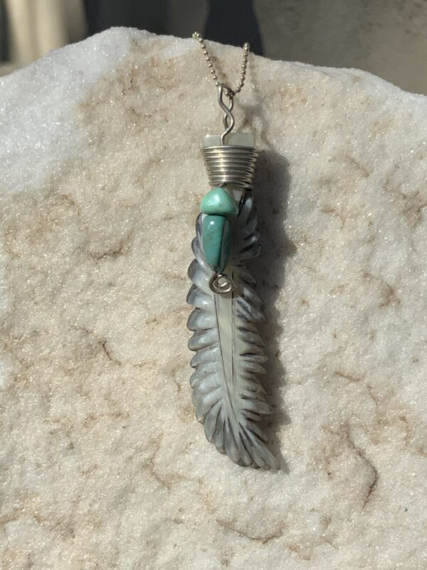 Product Image: Pendant Steer Horn Feather with Turquoise and Varacite and SS Wire Wrap