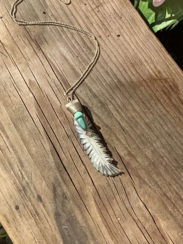 Product Image: Pendant Steer Horn Feather with Turquoise and Varacite and SS Wire Wrap