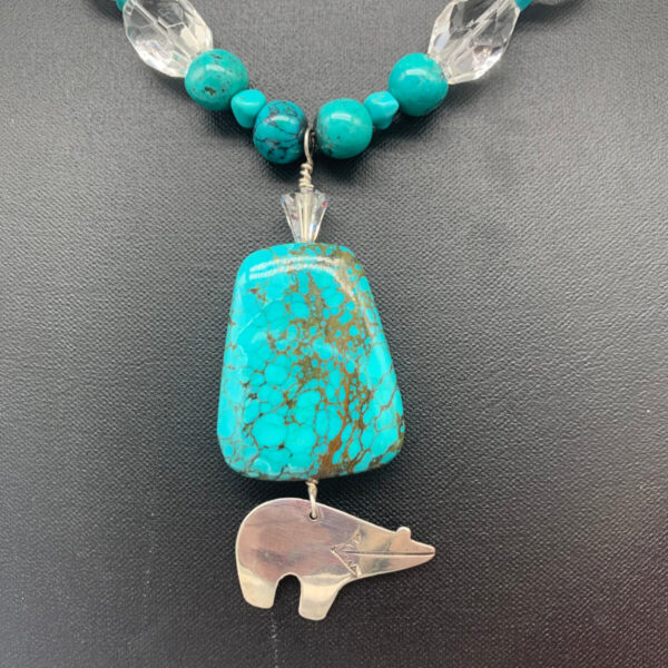 Product Image: Necklace: Turquoise, Faceted Quartz Crystal, 35X45 mm Turquoise Drop+Heart-line Bear, Sterling Clasp 26″ One of a Kind