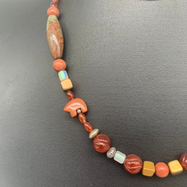 Product Image: Necklace: Sandstone Bears, Carnelian, Jasper, Metallic Glass, Sterling Clasp 18″+2″ Extender One of a Kind