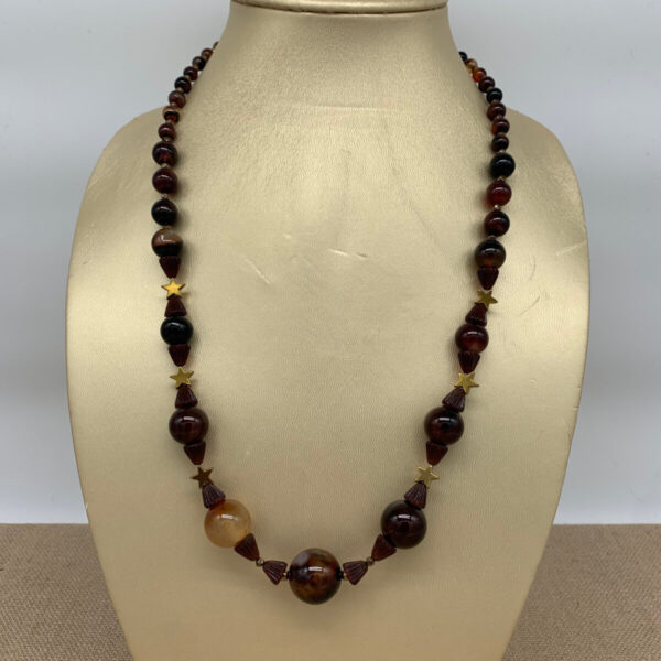 Product Image: Necklace: Brown Agate, Vintage Glass Beads, Metallic Coated Hematite Stars 24″+2″ Extender One of a Kind