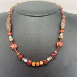 Product Image: Necklace: Sandstone Bears, Carnelian, Jasper, Metallic Glass, Sterling Clasp 18″+2″ Extender