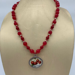 Product Image: Necklace: Red Dyed Faceted Quartz Beads, Reversible Cherries/PI Pendant