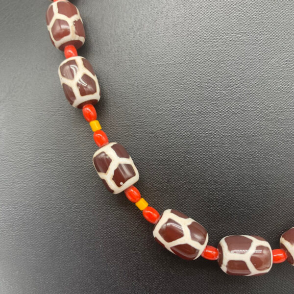 Product Image: Necklace: Carnelian Painted Giraffe Spots, Red Coral, Yellow White Hearts, 18″+2″ Sterling Extender Chain One of a Kind