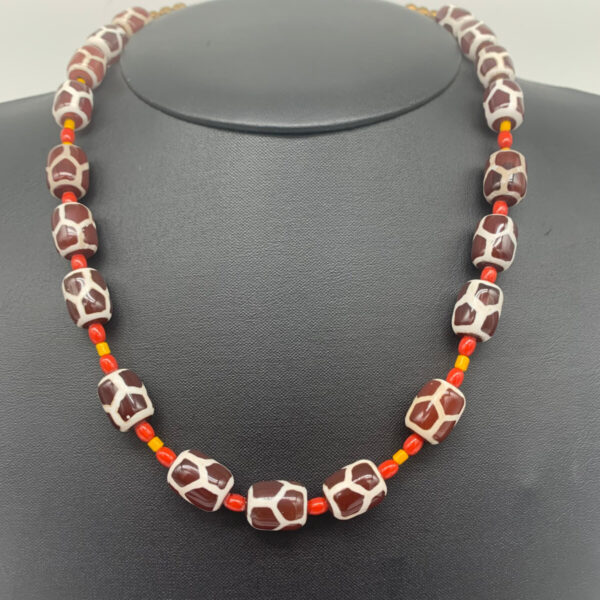 Product Image: Necklace: Carnelian Painted Giraffe Spots, Red Coral, Yellow White Hearts, 18″+2″ Sterling Extender Chain One of a Kind