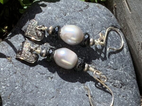 Product Image: Gray Pearl Faceted Spinel Pave Diamond Heart Earrings