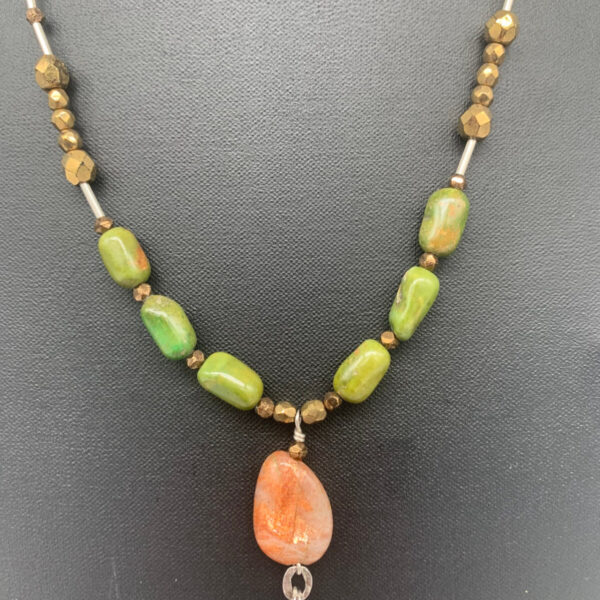 Product Image: Necklace: Turquoise Emerald Valley, Sunstone, Desert Jasper, Vintage Cut Glass, Sterling Tubes, 20″+4″ Dangle Drops One of a Kind 