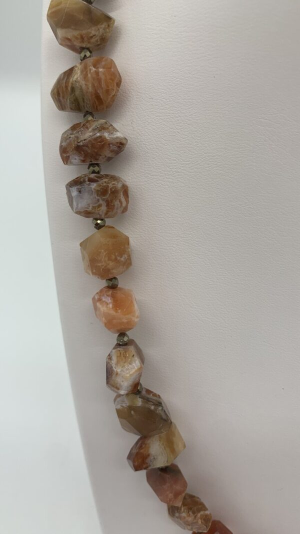 Product Image: Necklace: Sunstone Faceted Nuggets, Pyrite Spacers 19″+2″ Sterling Extender Chain One of a Kind