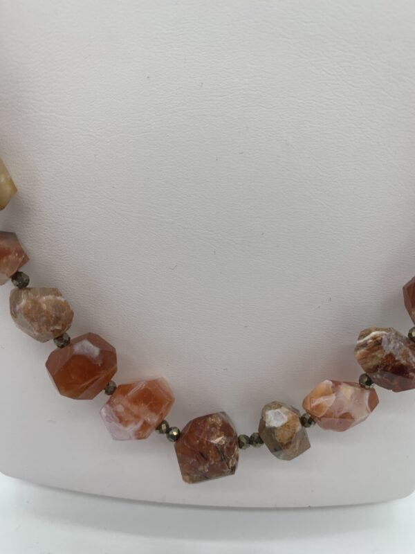 Product Image: Necklace: Sunstone Faceted Nuggets, Pyrite Spacers 19″+2″ Sterling Extender Chain One of a Kind