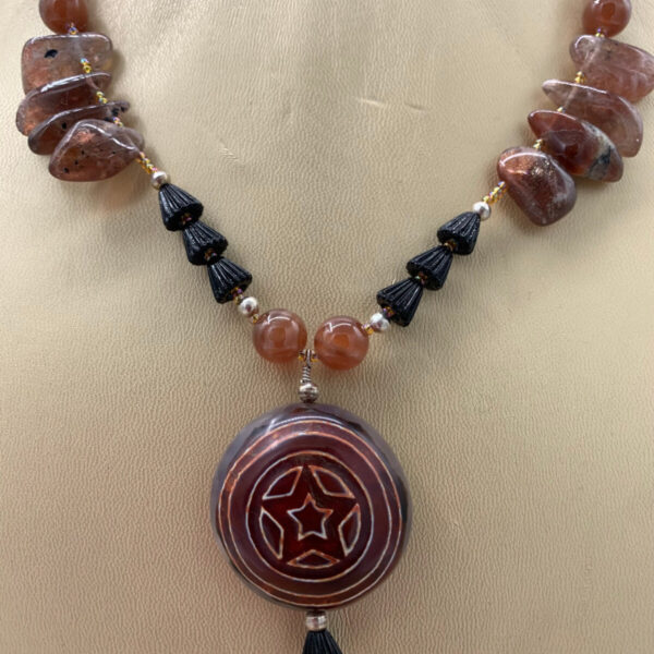 Product Image: Necklace: Tibetan Star Carved Stone, Oregon Sunstone and Vintage Black Glass BeadsOne of a Kind