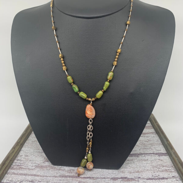 Product Image: Necklace: Turquoise Emerald Valley, Sunstone, Desert Jasper, Vintage Cut Glass, Sterling Tubes, 20″+4″ Dangle Drops One of a Kind 