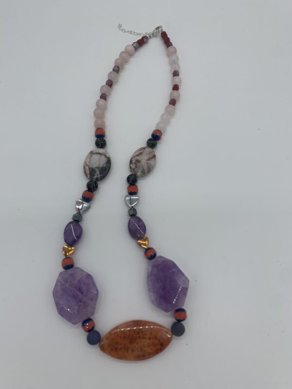 Product Image: Necklace: Fire Agate+Amethyst Slabs, Hematite Hearts, Rose Quartz, Jasper, 22″+2″ Sterling Extender Chain One of a Kind