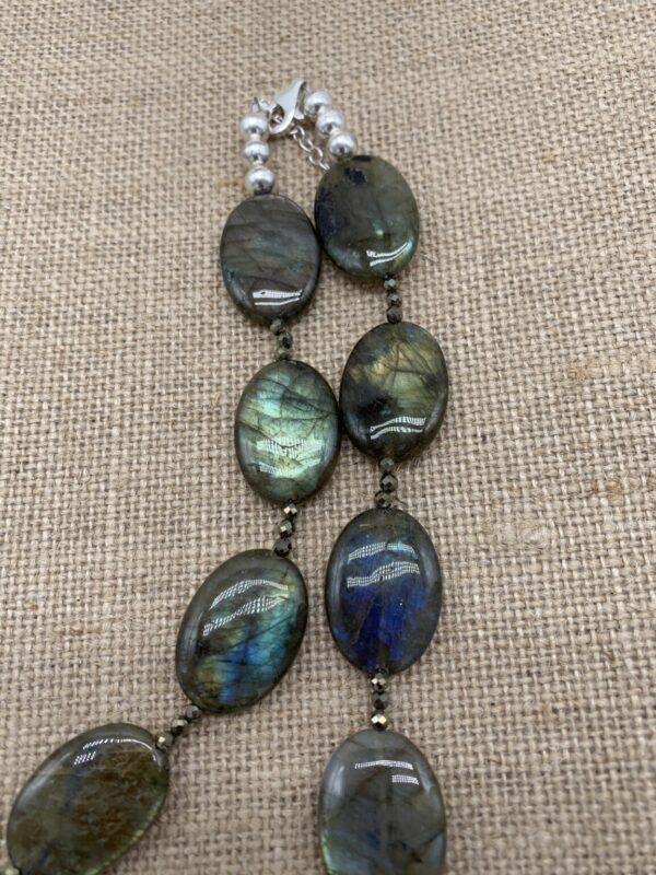 Product Image: Necklace: Labradorite Ovals, Faceted Pyrite Spacers, 17″+2″ Sterling Extender Chain