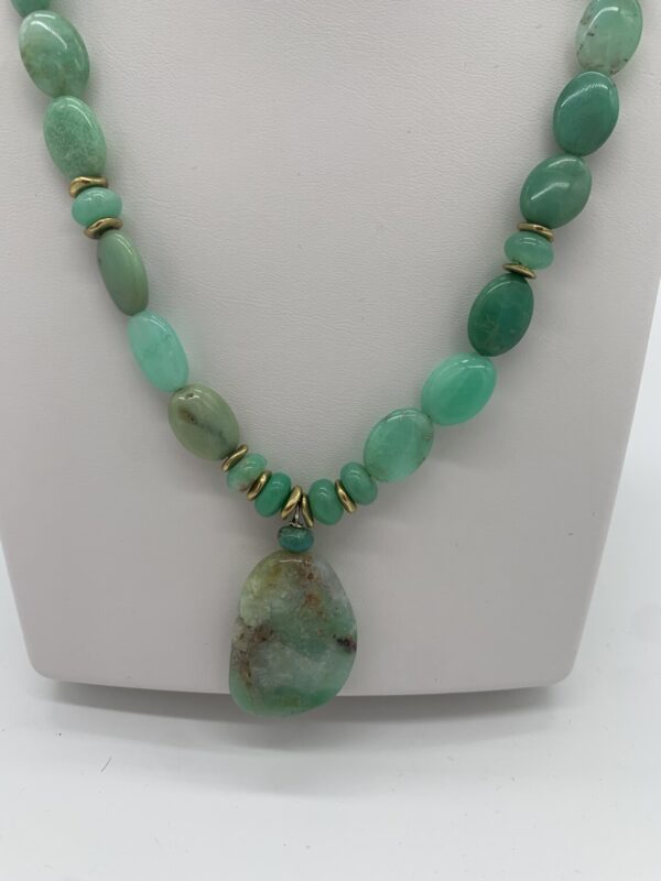 Product Image: Necklace: Chrysoprase Slab Drop, Roundels, Ovals, Brass Spacers, 20″+2″ Sterling Extender Chain. One of a Kind