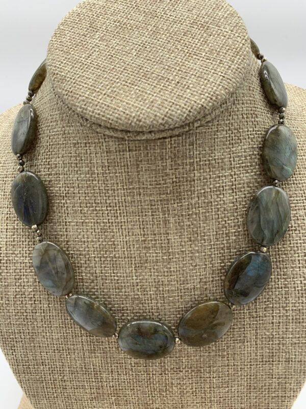 Product Image: Necklace: Labradorite Ovals, Faceted Pyrite Spacers, 17″+2″ Sterling Extender Chain