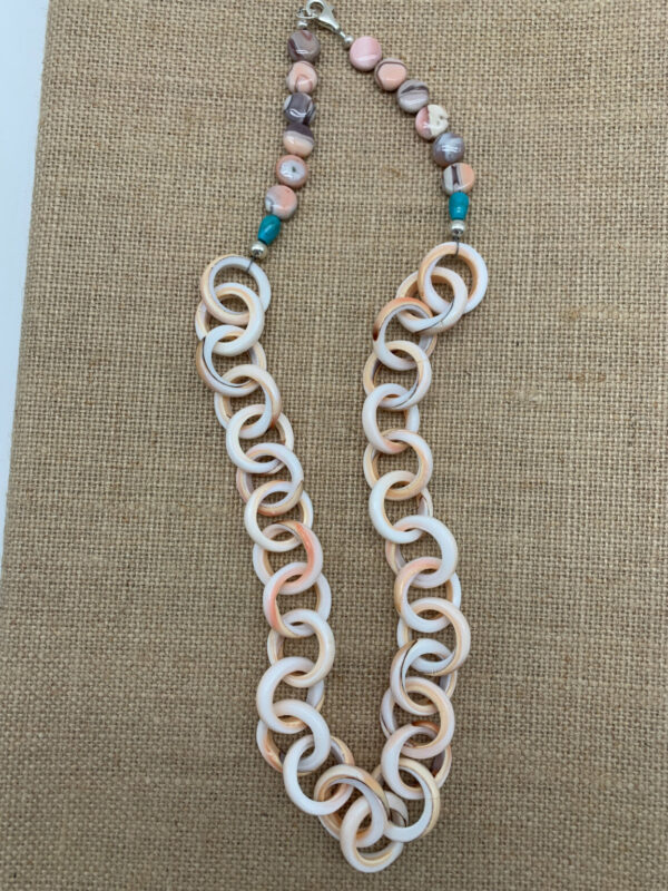 Product Image: Necklace: Conch Shell Round Links, Turquoise Teardrops, Peach Jasper 23″ Sterling Lobster Clasp Closure, One of a Kind