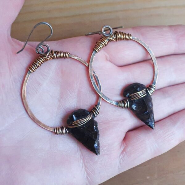Product Image: Obsidian Arrowhead Hoop Earrings | Bronze & Copper