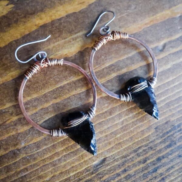 Product Image: Obsidian Arrowhead Hoop Earrings | Bronze & Copper