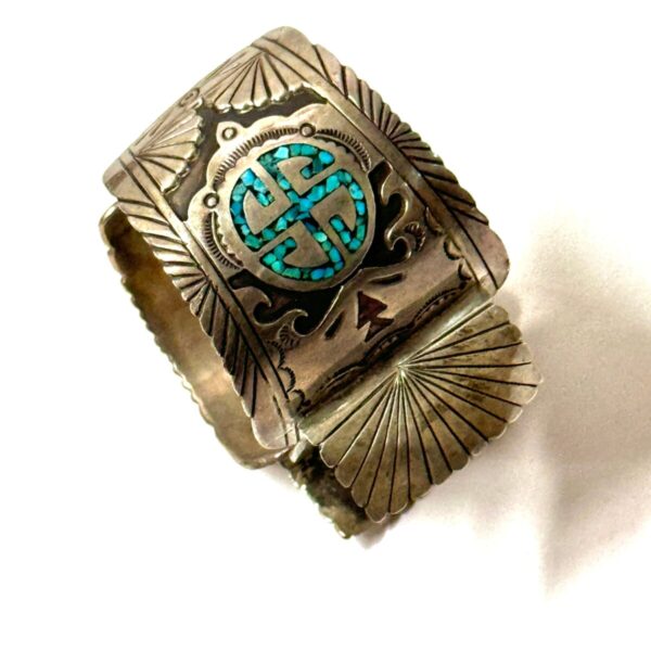 Product Image: 1960’S STERLING SILVER TURQUOISE INLAY WHIRLING LOG WATCH CUFF BRACELET