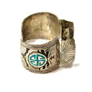 Product Image: 1960’S STERLING SILVER TURQUOISE INLAY WHIRLING LOG WATCH CUFF BRACELET