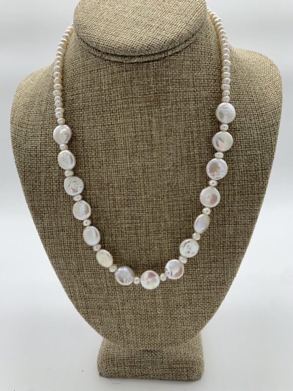 Product Image: Necklace: Pearl White Cultured Coin Shaped, 18″+2″ Sterling Extender Chain