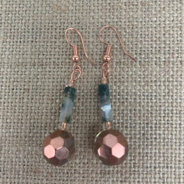 Product Image: Earrings: Moss Agate, Copper Coated Faceted Glass, Copper Wires 2″