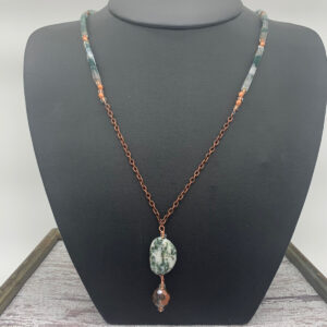 Product Image: Necklace: Moss Agate, Copper Coated Faceted Glass, Copper Chain, 24″+2″ Dangle Drop
