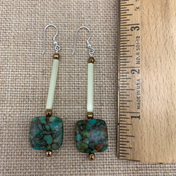 Product Image: Earrings: Turquoise Chip Composite, Vintage Glass Tube, Sterling Wires 3″