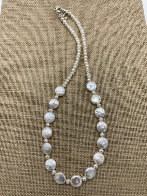 Product Image: Necklace: Pearl White Cultured Coin Shaped, 18″+2″ Sterling Extender Chain