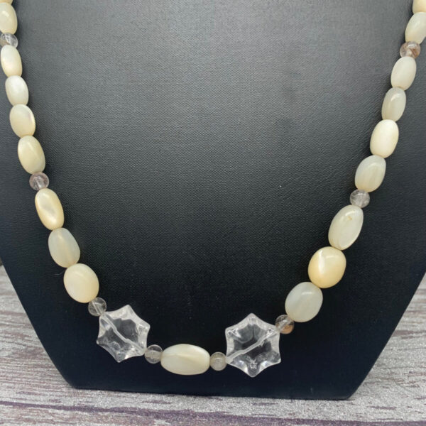 Product Image: Necklace: Mother of Pearl, Ritualized Quartz, Crystal Stars, Sterling Clasp, 31″