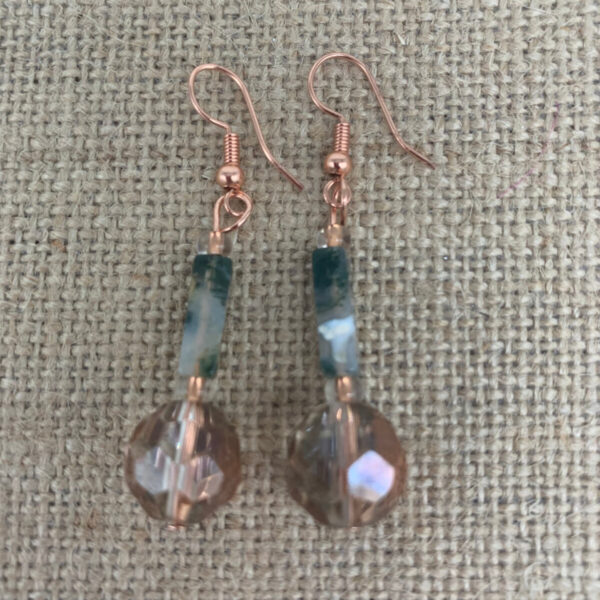 Product Image: Earrings: Moss Agate, Copper Coated Faceted Glass, Copper Wires 2″