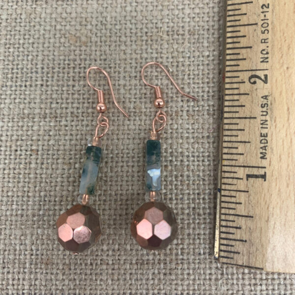 Product Image: Earrings: Moss Agate, Copper Coated Faceted Glass, Copper Wires 2″