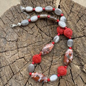 Product Image: Poppy Jasper Faceted, Grey Moonstone, Red Cinnabar Necklace, Sterling Clasp with Extender Chain, 19″-21″ One of a Kind