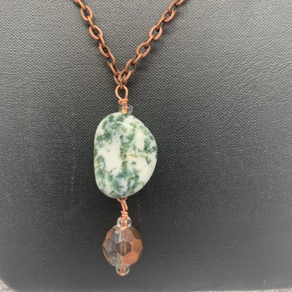 Product Image: Necklace: Moss Agate, Copper Coated Faceted Glass, Copper Chain, 24″+2″ Dangle Drop