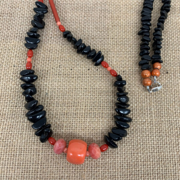 Product Image: Necklace: Jet Black, Coral Red/Orange, Facet Agate, Vintage Glass Tubes 33″. One of a Kind