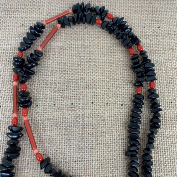 Product Image: Necklace: Jet Black, Coral Red/Orange, Facet Agate, Vintage Glass Tubes 33″. One of a Kind