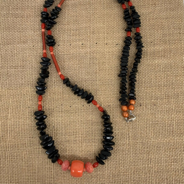 Product Image: Necklace: Jet Black, Coral Red/Orange, Facet Agate, Vintage Glass Tubes 33″. One of a Kind