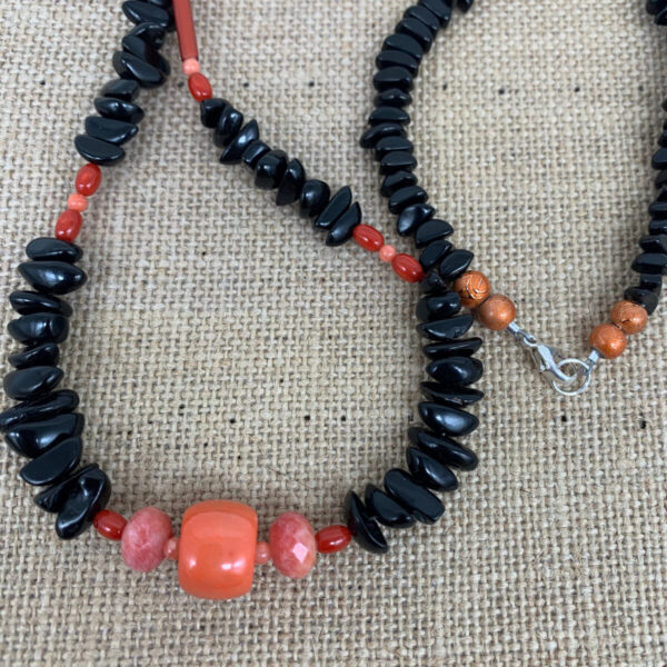 Product Image: Necklace: Jet Black, Coral Red/Orange, Facet Agate, Vintage Glass Tubes 33″. One of a Kind