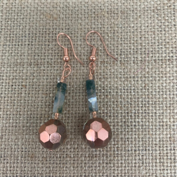 Product Image: Earrings: Moss Agate, Copper Coated Faceted Glass, Copper Wires 2″