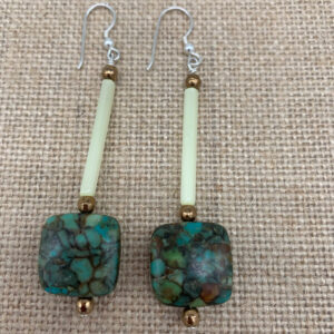 Product Image: Earrings: Turquoise Chip Composite, Vintage Glass Tube, Sterling Wires 3″