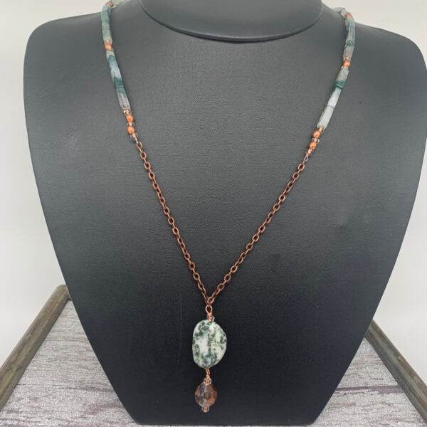 Product Image: Necklace: Moss Agate, Copper Coated Faceted Glass, Copper Chain, 24″+2″ Dangle Drop