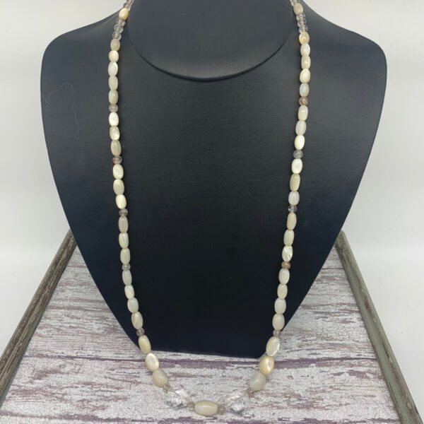 Product Image: Necklace: Mother of Pearl, Ritualized Quartz, Crystal Stars, Sterling Clasp, 31″