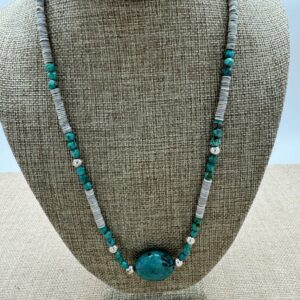 Product Image: Necklace: Turquoise + Shell Heishi 23″ + 2″ Sterling Extender Chain.