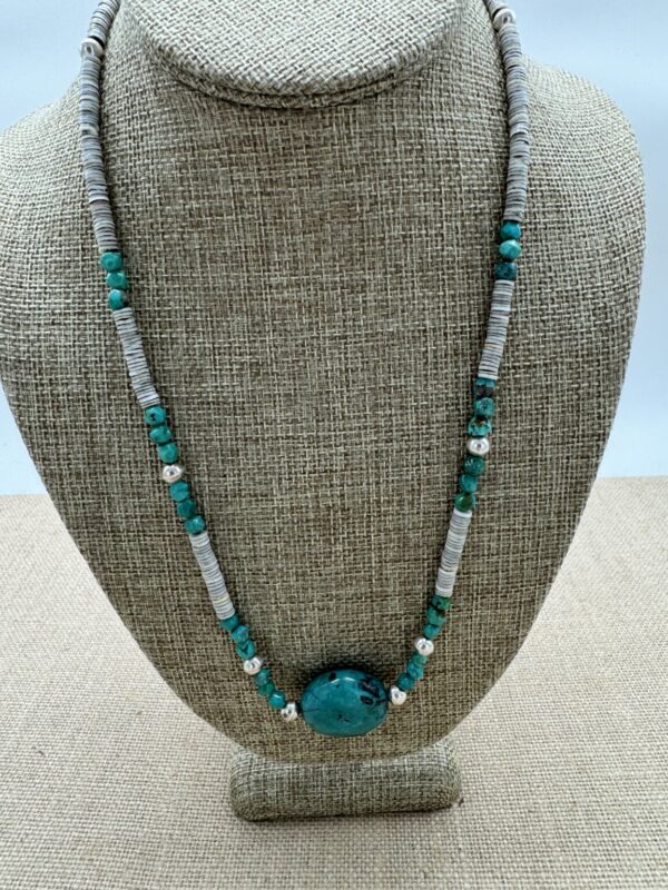 Product Image: Necklace: Turquoise + Shell Heishi 23″ + 2″ Sterling Extender Chain.