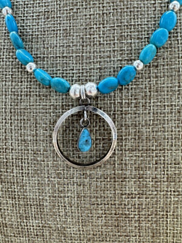 Product Image: Necklace” Sky Blue Turquoise 5X7mm oval 1″ Sterling Circle Drop 17″ + 2″ Sterling Extender Chain