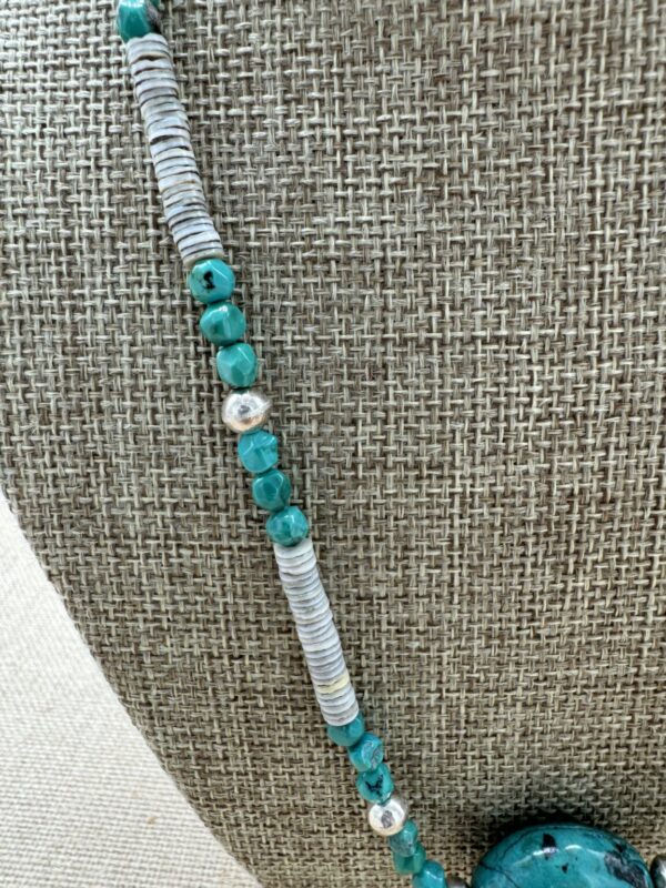 Product Image: Necklace: Turquoise + Shell Heishi 23″ + 2″ Sterling Extender Chain.