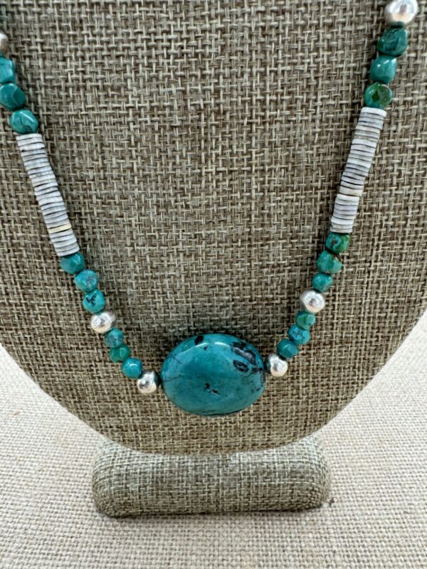 Product Image: Necklace: Turquoise + Shell Heishi 23″ + 2″ Sterling Extender Chain.