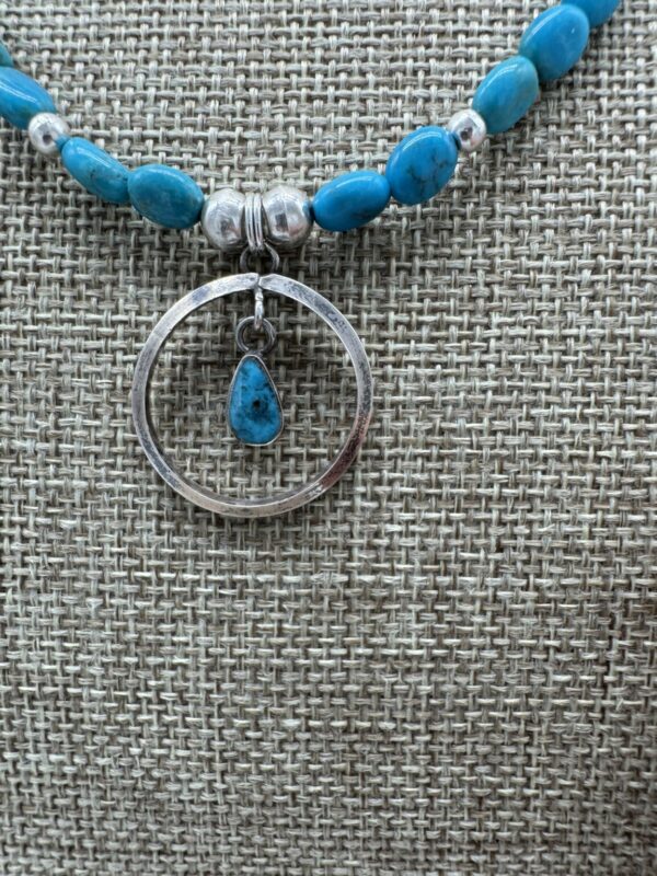 Product Image: Necklace” Sky Blue Turquoise 5X7mm oval 1″ Sterling Circle Drop 17″ + 2″ Sterling Extender Chain