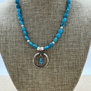 Product Image: Necklace” Sky Blue Turquoise 5X7mm oval 1″ Sterling Circle Drop 17″ + 2″ Sterling Extender Chain